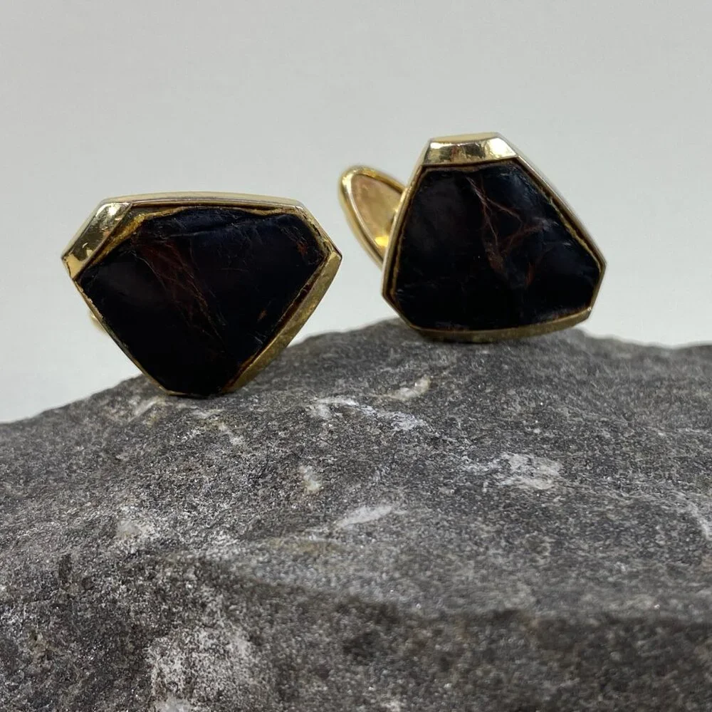 Vintage Leather Gold Tone Cuff Links